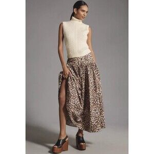 Anthropologie Maxi Skirt Basque Waist Brown Leopard Print Preppy Retro SzXS NWOT